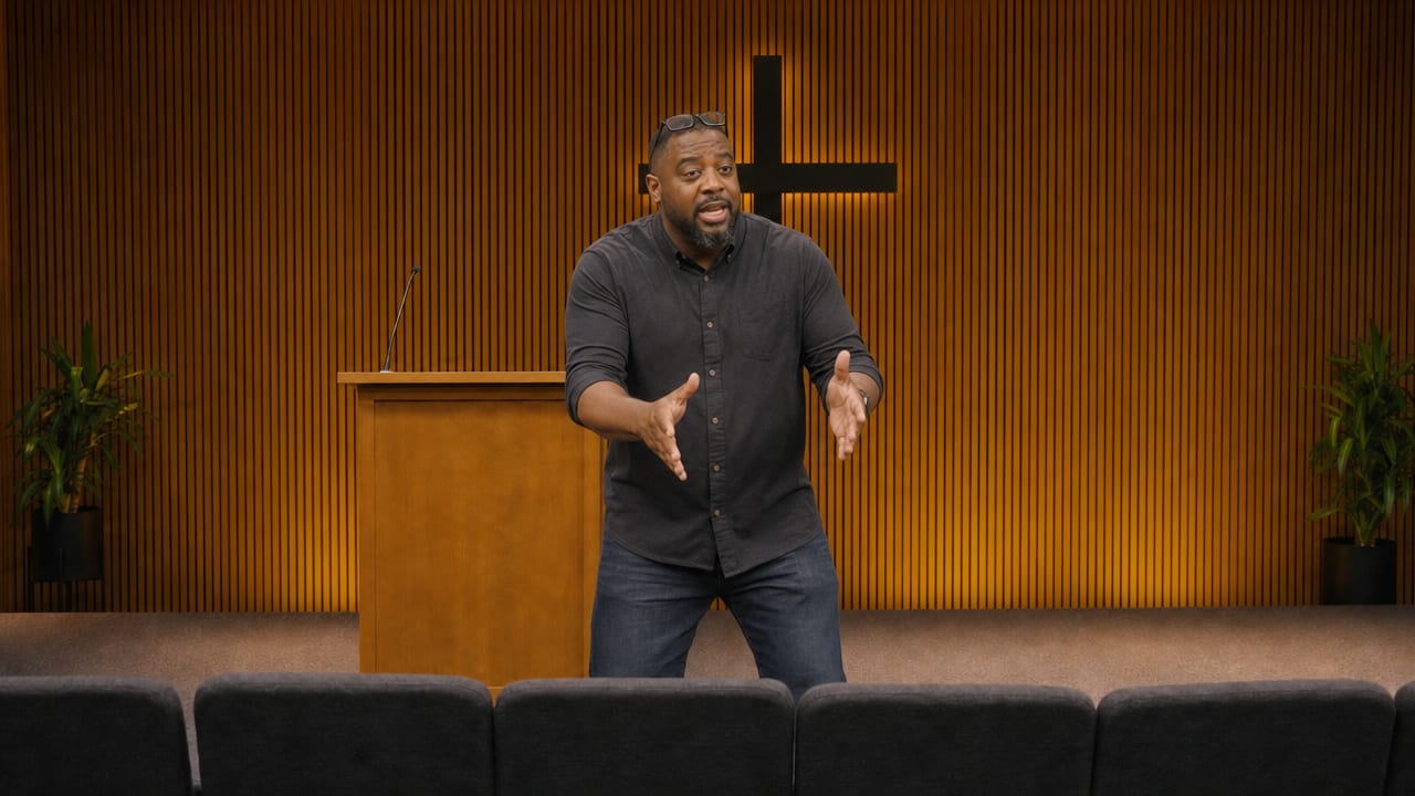 A pastor mid-sentence during a service