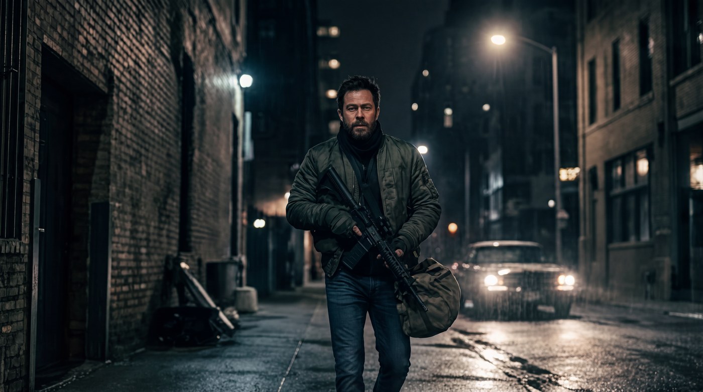 A man crossing a wet street at night