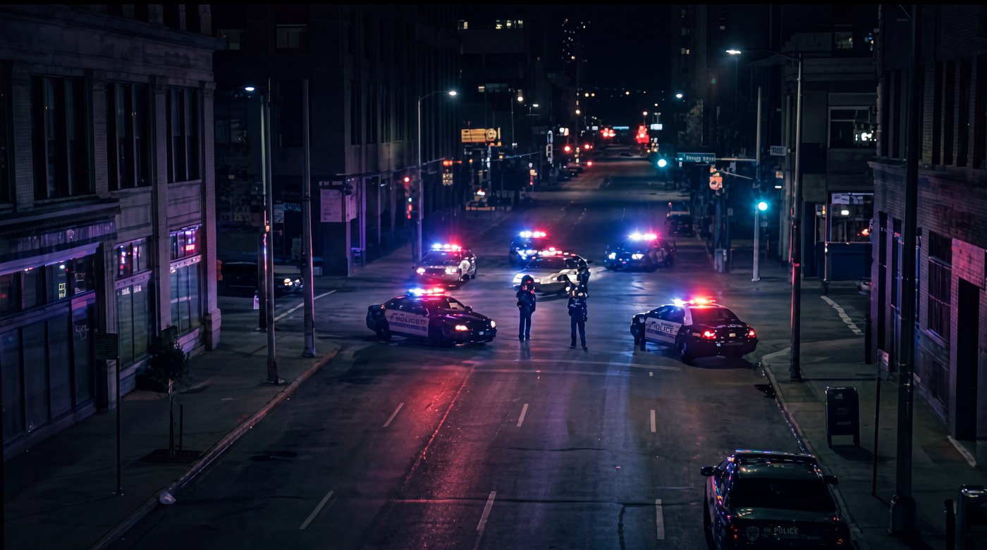 A police roadblock across a city street at night
