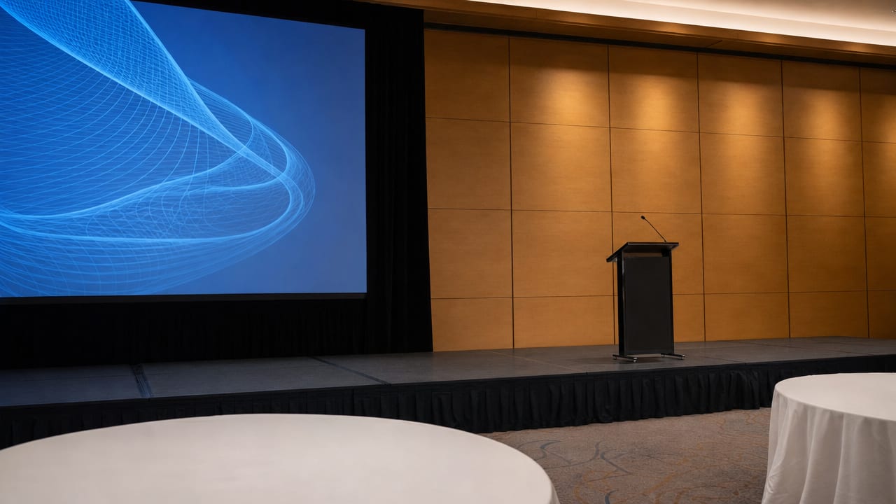 An empty low conference stage in a function room